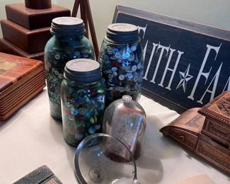 Great jars of vintage marbles and buttons AND check out the vintage GLASS pickle scoop.