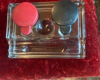 Vintage Victor double glass inkwell/ink stand with the original red and black swivel lids