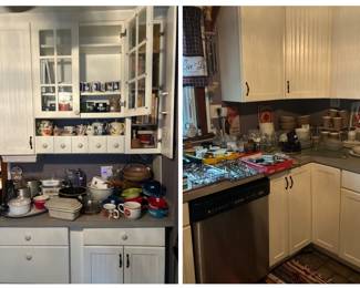 Kitchen is full of dishes, glasses, cookware and more!