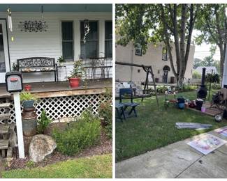 Front porch and back patio are filled with outside decor, iron bench, wood swing, plants, tables and more!