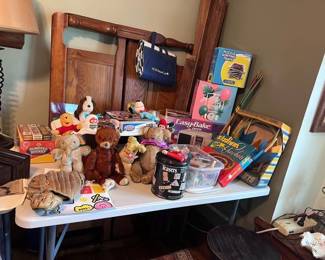 Vintage toys in the house and garage - Dukes of hazard, Hot Wheels, old games, Marks HO train, Bell Co walking pony stick, Easy Bake oven and more.