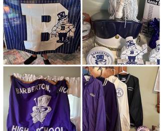 Barberton Magic Man outdoor flag, Barberton Marching Band hat, Barberton High School Band banner, several Barberton jackets and pullovers