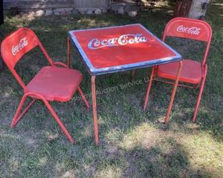 Metal Coca-Cola table & folding chairs