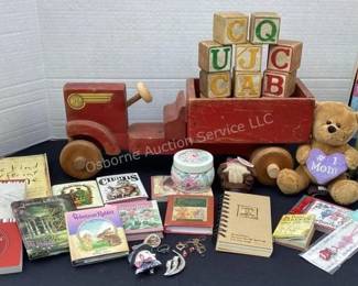 Vintage wood toy tractor, miniature books & more