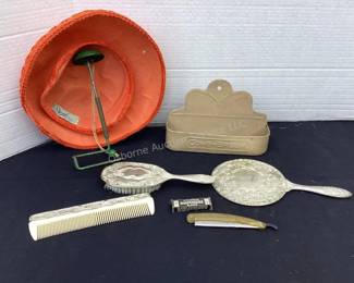 Vintage vanity set, vintage hat holder & more