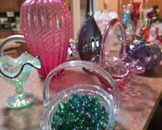 Cranberry Vase, Fluted Dish & Basket