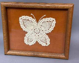 VINTAGE CROCHET LACE BUTTERFLY DOILY FRAMED ART