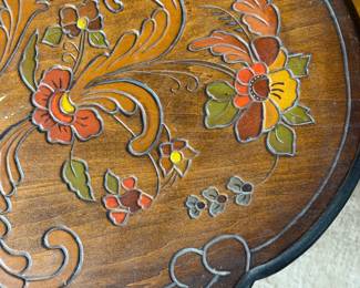 VINTAGE TILT TOP CARVED & PAINTED TABLE SIGNED
