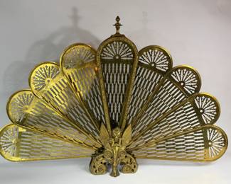 VINTAGE BRASS FOLDING FAN PEACOCK FIREPLACE SCREEN