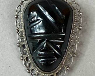 VINTAGE MEXICAN STERLING SILVER CARVED BLACK ONYX
