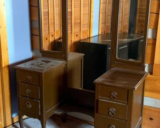 ANTIQUE VANITY WITH TRI FOLD MIRROR & CANE SEAT STOOL 