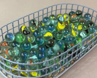 VINTAGE GLASS MARBLES W METAL BASKET