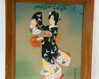 ASIAN PAINTED TEXTILE FRAMED ART SIGNED & SEALED JAPANESE GEISHA