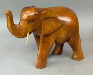 HAND CARVED WOODEN ELEPHANT W TRUNK UP