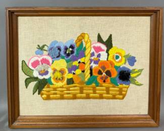 BASKET OF PANSIES CREWEL EMBROIDERY FRAMED ART