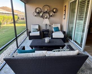 6 PC Wicker Patio Conversation Set With Sunbrella Cushions | Wicker Patio Loveseat – Cream Sunbrella cushions and accent pillows | SUNBRELLA Outdoor Wicker Rectangular Coffee Table | SUNBRELLA Outdoor Wicker Cushioned Lounge Chairs – Set of 2 - with Sunbrella cushions & 1 Ottoman