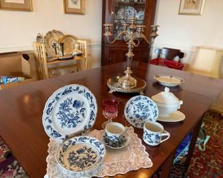 Beautiful gate leg dining table, silver plated candelabra