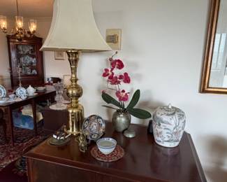 Ginger jars, Asian decor, one of two beautiful brass lamps