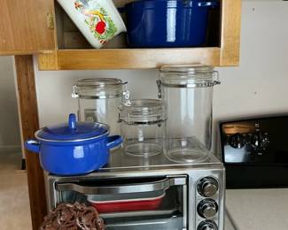 Hamilton Beach Toaster Oven, Blue Cookware and Glass Storage Jars