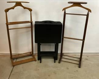 Two Wooden Valet Stands and Folding Tray Tables