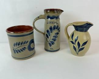 Three Blue and Gray Stoneware Pitchers and Crock