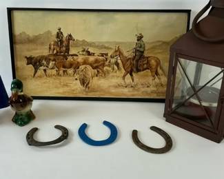 Western Cowboy Print, Lantern, Horseshoes and Duck Figurines