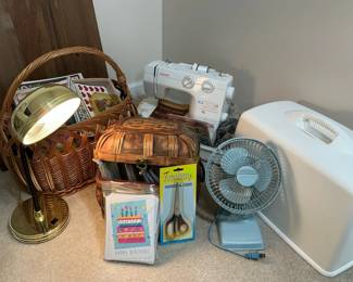 Singer Sewing Machine, Wicker Baskets and Household Items