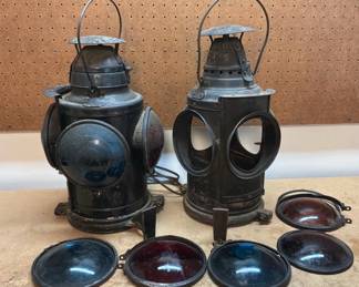 Antique Railroad Signal Lanterns with Colored Glass Lenses