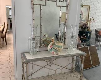 Decerated painted faux and bamboo iron tile top console table / bamboo wall mirror