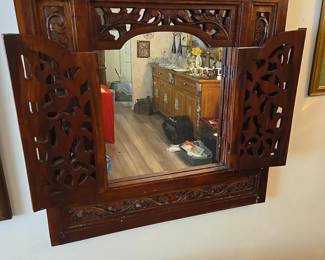 Large Hand Carved Wood Wall Mirror with Doors