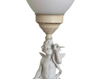 Late 19th Century Neoclassical Biscuit Porcelain Cherub Lamp Ruffled Milk Glass Shade