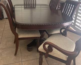 Double Pedestal Cherry Wood Dining Table, Six Chairs, Two Leaves $600 (71” x 44”)