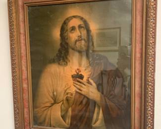 Large Antique Wilhelm Ebbinghaus "Sacred Heart of Jesus" Wood Framed Oleograph