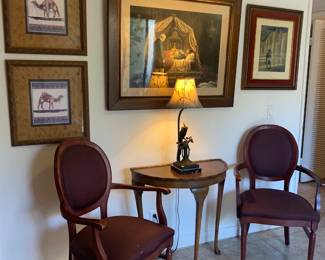 Vintage Prints, Demi Lune Table, Bronze Parrot Lamp, and Pair of Parlor Chairs