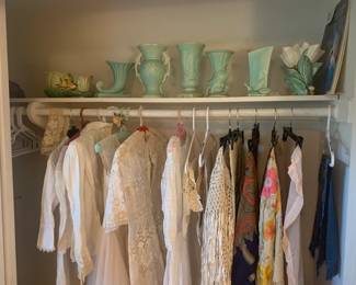 Collection of McCoy Pottery and Vintage/Antique Dresses and Shawls