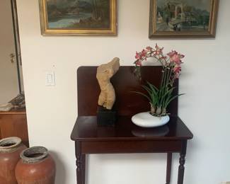 Original Oil Paintings, Apartment Folding Table, Pair of Tall Vases, and Stone Indian Deity Statue