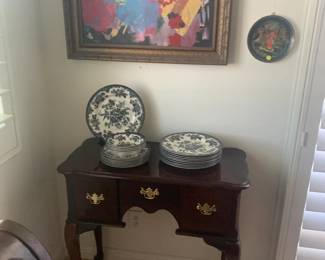 Original Oil by E. Dore, Traditional Side Table, Two 1996 Handpainted Russian Plates, Royal Stafford China