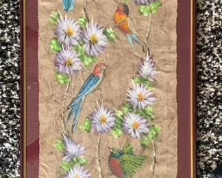Large Asian Floral and Bird Painting on Cork Paper
