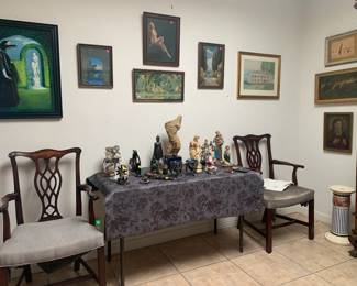 Collection of Art, Religious Memorabilia, and Mahogany Chippendale Dining Chairs