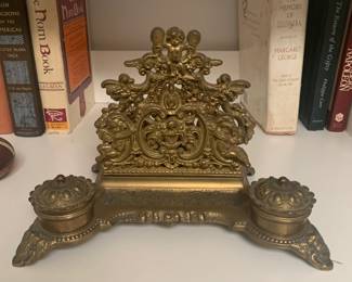 Antique Brass Cherub Inkstand and Letter Holder