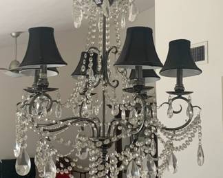 Six Candle Wrought Iron Crystal Chandelier with Black Silk Lampshades