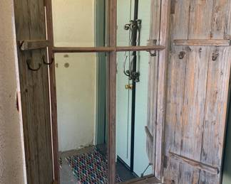 Rustic Wooden Windopwane Wall Mirror w Shutters