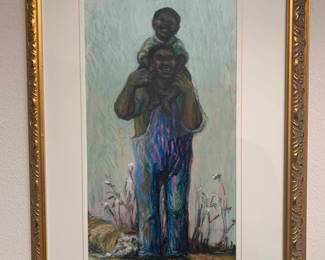 Signed Original 1998 Oil Pastel Father and Son