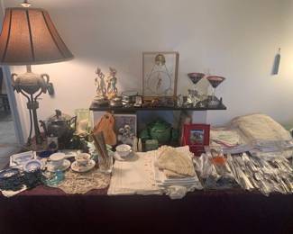 Bronze and Metal Double Crane Lamp, Vintage Linens, Flatware, China, Bohemian Cut Crysal Martini Glasses, MCM Glass and Metal Jefferson Clock,and more