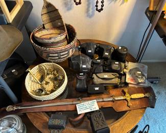 Old cameras, baskets