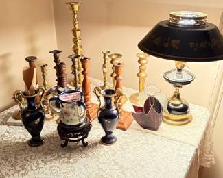 Brass candlesticks l/Toleware lamp