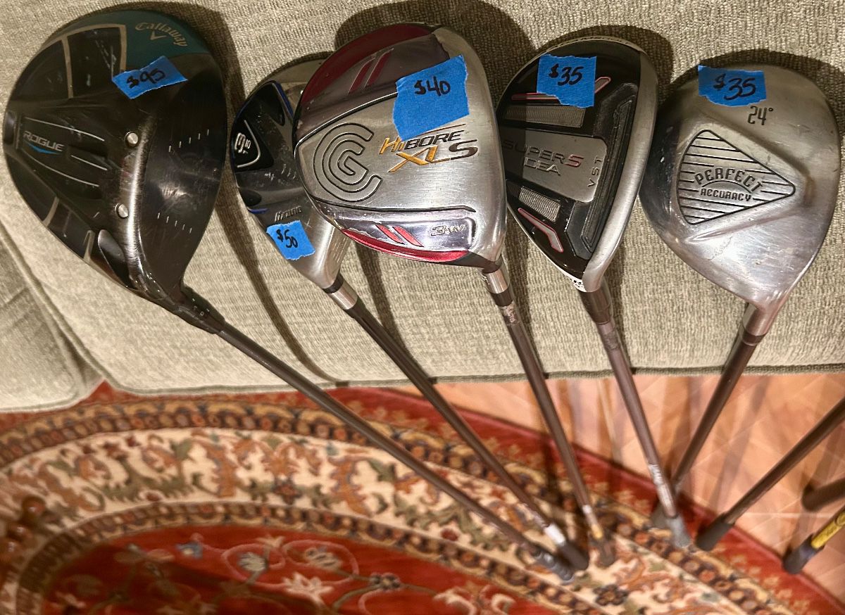Various, like new, golf clubs: Callaway, Hibore, Rogue, Perfect