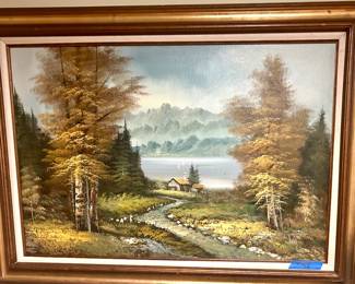 Framed Landscape Oil “Fall lake house in distance” 44”L x 32”h $85