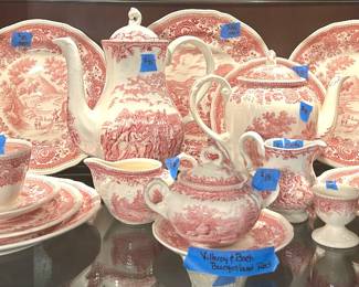 Villeroy & Boch China Burgenland Red pattern; tea pt $45, coffee $75, sugar $15, cream $10, (3) dinner plates $25ea., (3) 4pc place settings $45ea, Egg Cups $8ea