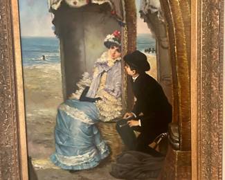 31”x 44” gold framed couple at beach $115